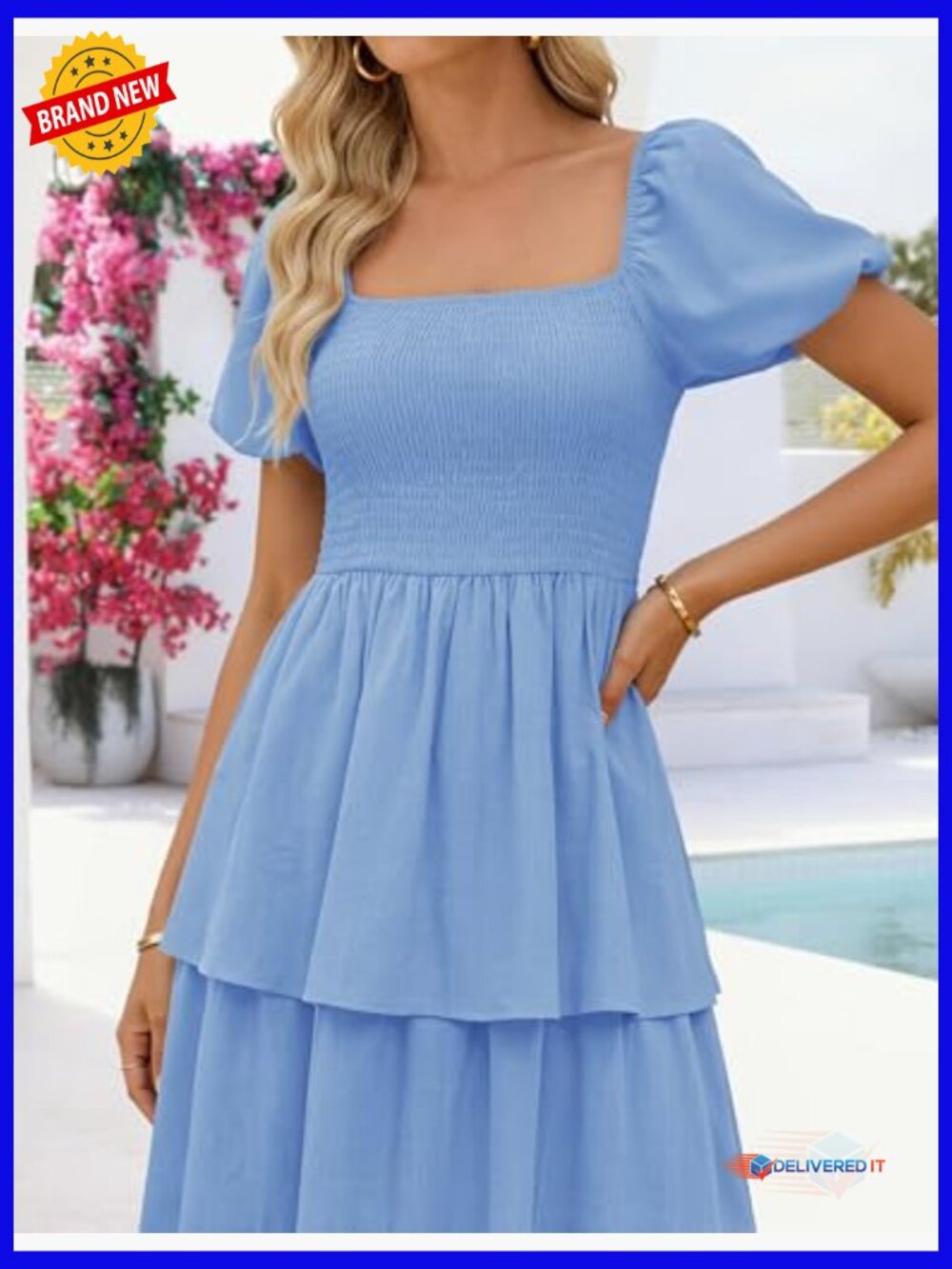 Lightweight Midi Dress with Puff Sleeves, Smocked Bodice, and Tiered Skirt - Picture 6 of 7